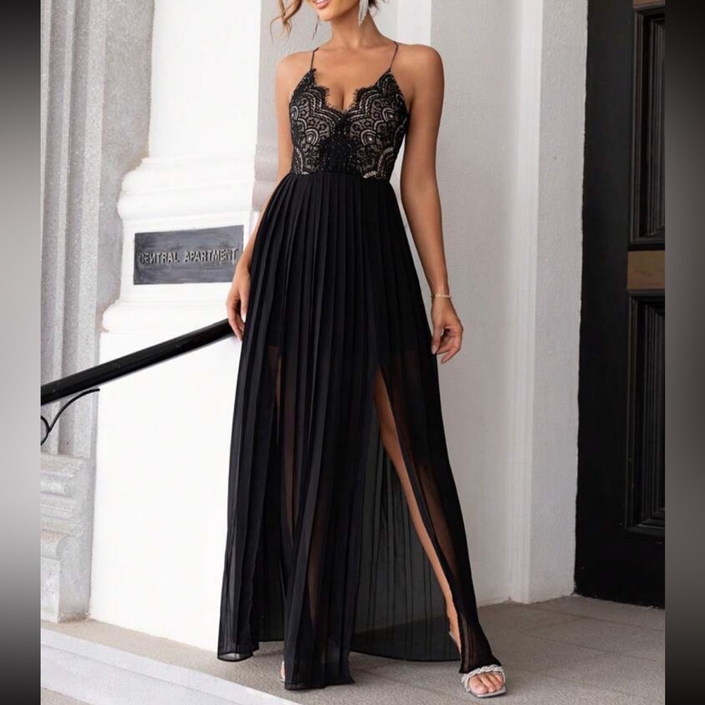 Luxe lace slit thigh party formal prom wedding cami dress - Picture 4 of 5
